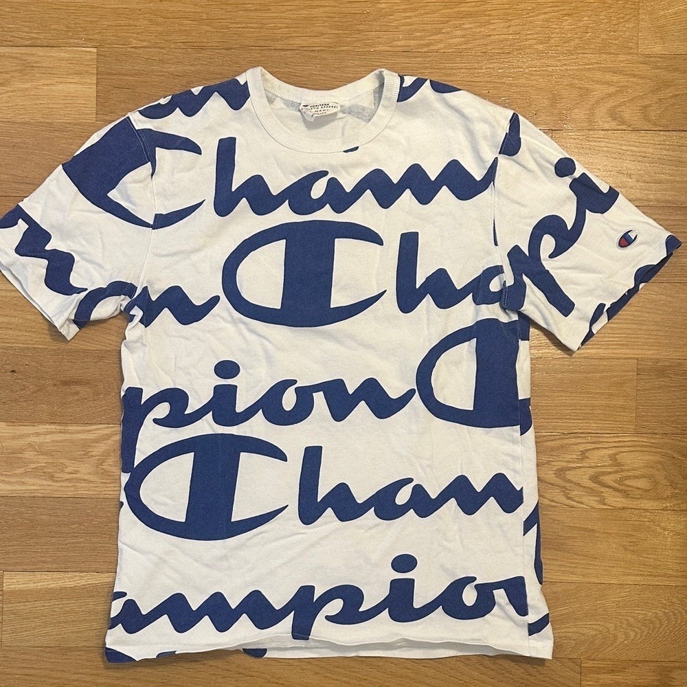 Champion Heritage White Tee with Blue Accents - Medium